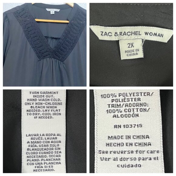 Zac & Rachel Woman Black V-Neck Blouse 2X Ruffle Sleeves Lace Detail Sheer - Picture 10 of 16